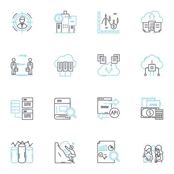 Fiscal figures linear icons set. Budget, Revenue, Expenditure, Deficit, Surplus Stock Illustration