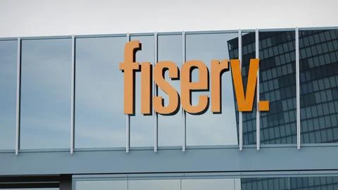 Fiserv Stock data presented on the logo of the office facade editorial Stock Photos
