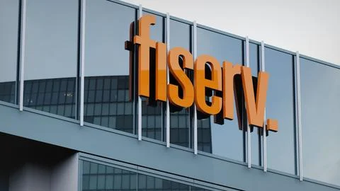 Fiserv Stock data presented on the logo of the office facade editorial Stock Photos