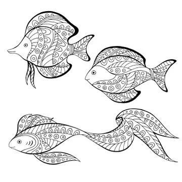 Fish abstract doodle pattern graphic art black white illustration vector Stock Illustration