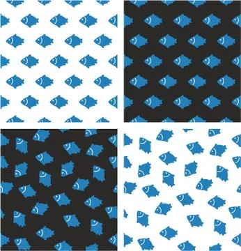 Fish Aligned &amp; Random Seamless Pattern Blue &amp; White Color Set Stockillustratie
