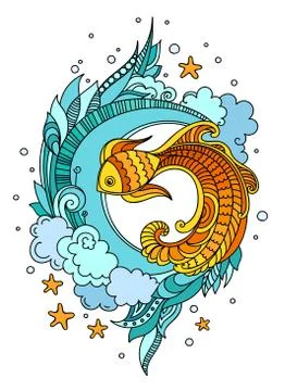Fish among seaweed. Illustrazione stock
