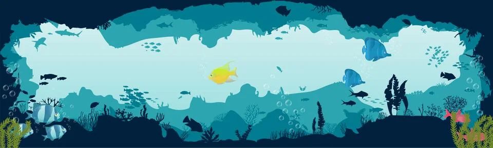 Fish and algae on the background of reefs. Underwater ocean scene. Illustrazione stock