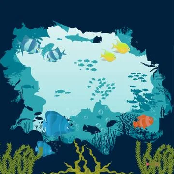 Fish and algae on the background of reefs. Underwater ocean scene. Stock Illustration