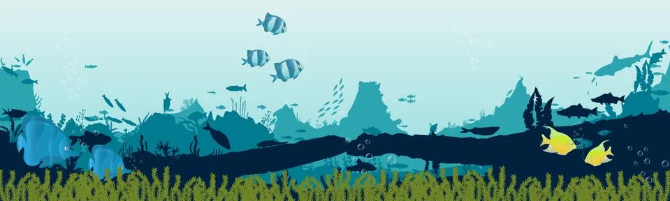 Fish and algae on the background of reefs. Underwater ocean scene. Stock Illustration