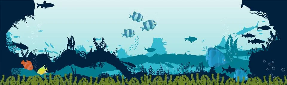 Fish and algae on the background of reefs. Underwater ocean scene. Stock Illustration