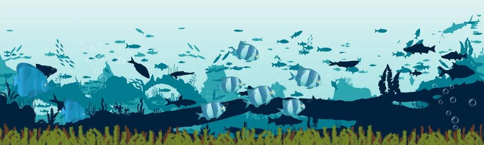 Fish and algae on the background of reefs. Underwater ocean scene. イラスト素材