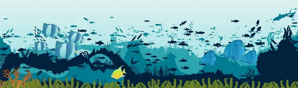 Fish and algae on the background of reefs. Underwater ocean scene. Stock Illustration