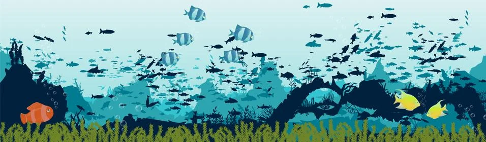 Fish and algae on the background of reefs. Underwater ocean scene. Stock Illustration