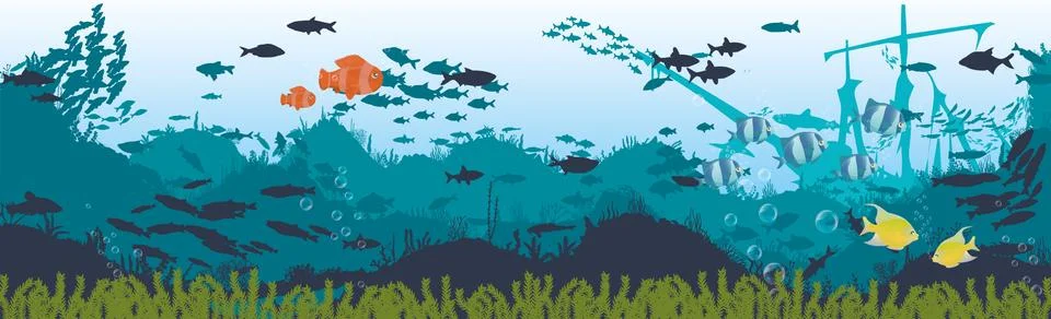 Fish and algae on the background of reefs. Underwater ocean scene. イラスト素材