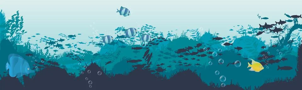 Fish and algae on the background of reefs. Underwater ocean scene. Stock Illustration