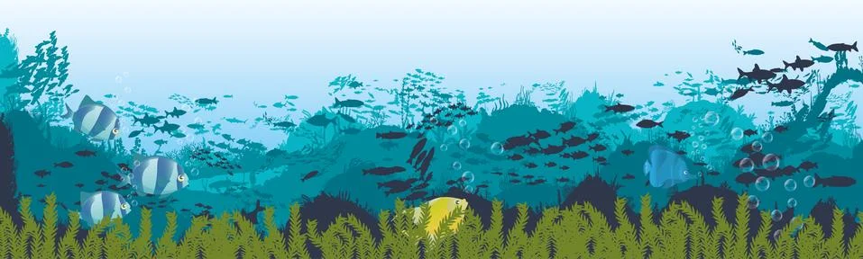 Fish and algae on the background of reefs. Underwater ocean scene. イラスト素材