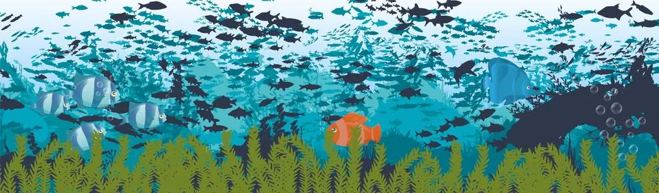 Fish and algae on the background of reefs. Underwater ocean scene. Stock Illustration