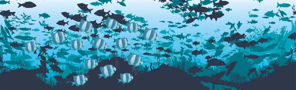 Fish and algae on the background of reefs. Underwater ocean scene. Stock Illustration