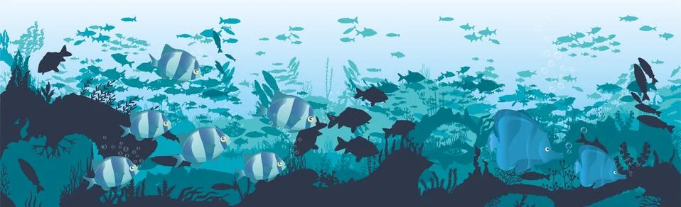 Fish and algae on the background of reefs. Underwater ocean scene. Stock Illustration