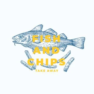 Fish and Chips Abstract Vector Sign, Symbol or Logo Template. Hand Drawn Cod Stock Illustration