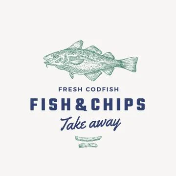 Fish and Chips Abstract Vector Sign, Symbol or Logo Template. Hand Drawn Cod Stock Illustration