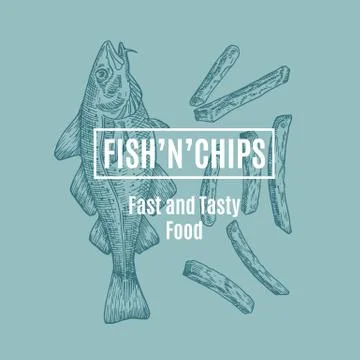 Fish and Chips Abstract Vector Card, Sign or Logo Template. Hand Drawn Cod Fish Stock Illustration