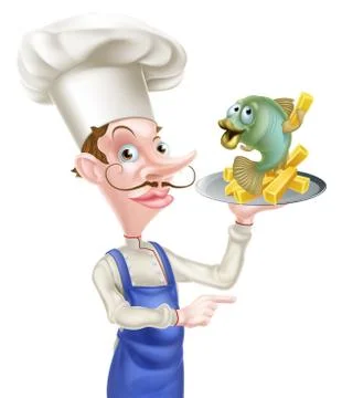 Fish and Chips Chef Pointing Illustrazione stock