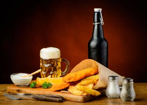 Fish and chips menu with beer Stock Photos