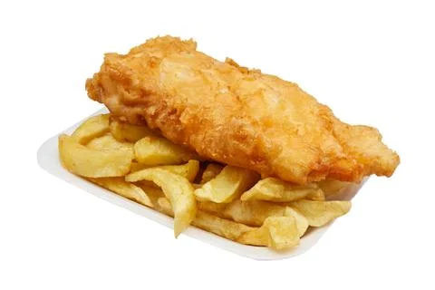 Fish and chips in tray Stock Photos