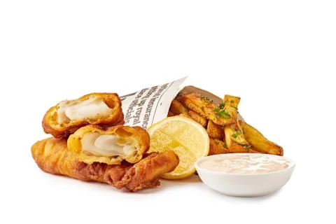 Fish and chips on white background Stock Photos