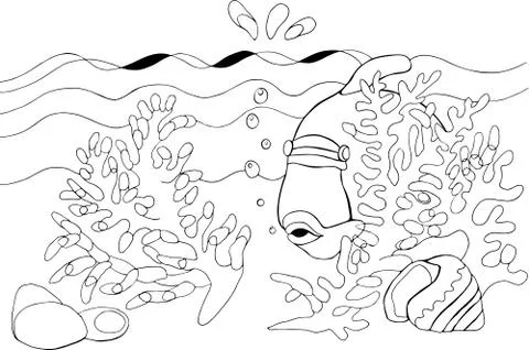 Fish and coral Vector hand drawn fish and coral isolated on white background. Stock Illustration
