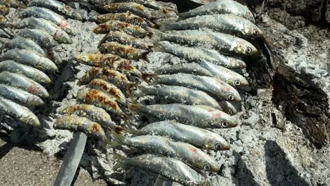 Fish and octopus being grilled over open fir Stock Footage 186781591