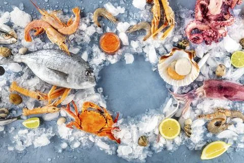 Fish and seafood background with a frame for copy space, a flat lay top shot, a Stock Photos