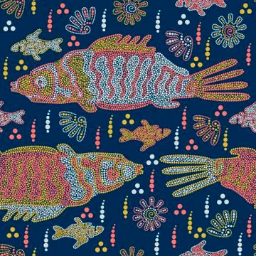 Fish and shells swim in the river. Australian Aboriginal art. Point Art. Seam 스톡 일러스트