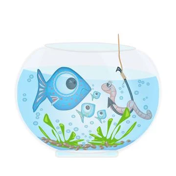 Fish and worm on hook in aquarium isolated on white background. Fishing. Stock Illustration