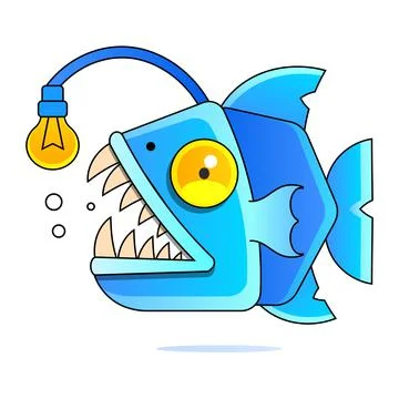 Fish an angler bares its sharp fangs. Cartoon fish isolated on a background.  Illustrazione stock