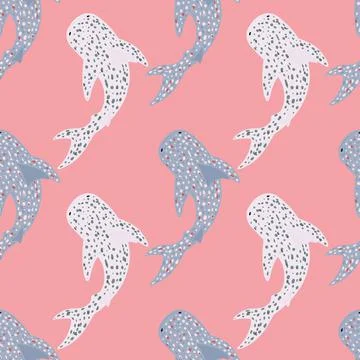 Fish animal seamless pattern with light and blue dotted whale silhouettes. Pi Illustrazione stock