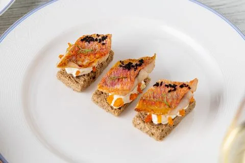 Fish appetizer with crispy bread and gourmet presentation Stock Photos