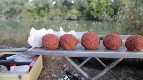 Fish bait boilers on the table ready for fishing on the river Vídeos de archivo 160890202