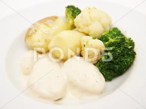 Fish balls in white sauce Stock Photos