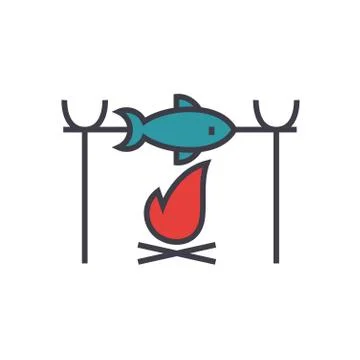 Fish barbecue, camping flat line illustration, concept vector isolated icon 스톡 일러스트
