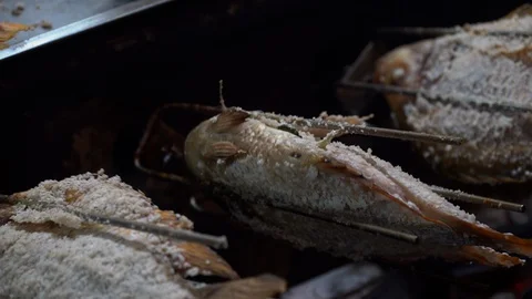Fish Barbeque Grill With Mechanical Tool At Night Stock Footage 128212042