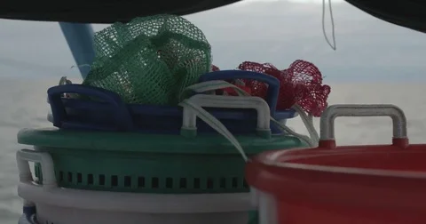 Fish baskets on a shrimping boat Stock Footage 76678995