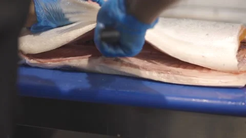 Fish being cut on the cutting board Stock Footage 151029970