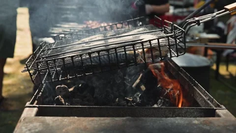 Fish is being grilled over a charcoal fire in an outdoor setting. Smoke rises as Vidéo 345029509