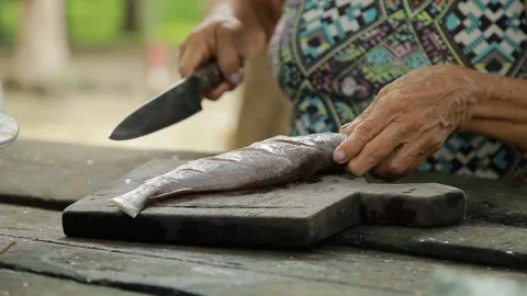 Fish being prepared by old lady Video stock 153097829