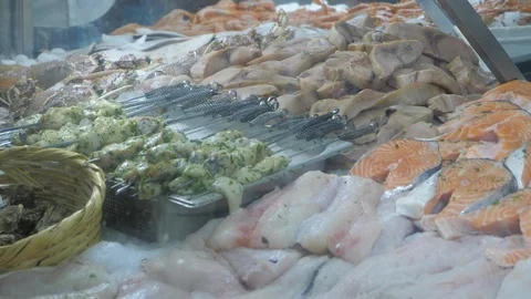 Fish bench in Marrakech Market Jemaa el Fna, Morocco, Africa in 4K Stock Footage 91789460