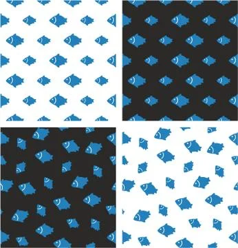 Fish Big &amp; Small Aligned &amp; Random Seamless Pattern Blue &amp; White Color Set Stock Illustration