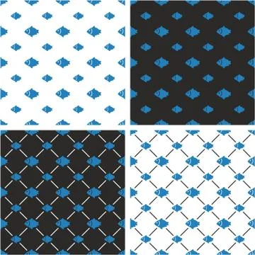 Fish Big &amp; Small Seamless Pattern Blue Color Set Stock Illustration