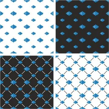 Fish Big &amp; Small Seamless Pattern Blue &amp; White Color Set Stock Illustration