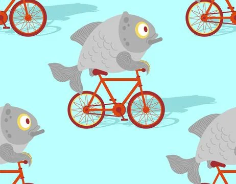 Fish on bike Pattern seamless. Carp on bicycle Cartoon Background. Baby fabri Stock Illustration
