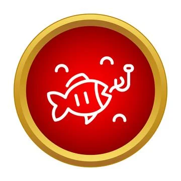 Fish biting hook in red round icon Stock Illustration