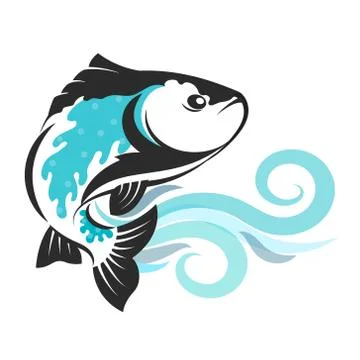 Fish on blue waves silhouetted Stock Illustration