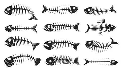 Fish bone icons, fishbone skeleton silhouettes Stock Illustration